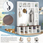 Farmhouse Wooden Hall Tree with 6 Hooks, Walnut Storage Bench with Adjustable Shelves, 4-in-1 Entryway Shoe Cabinet with Cubbies for Mudroom, Living Room, White, 76.7'H (OLD SKU: N721S000044K) - Grand Goldman Shop