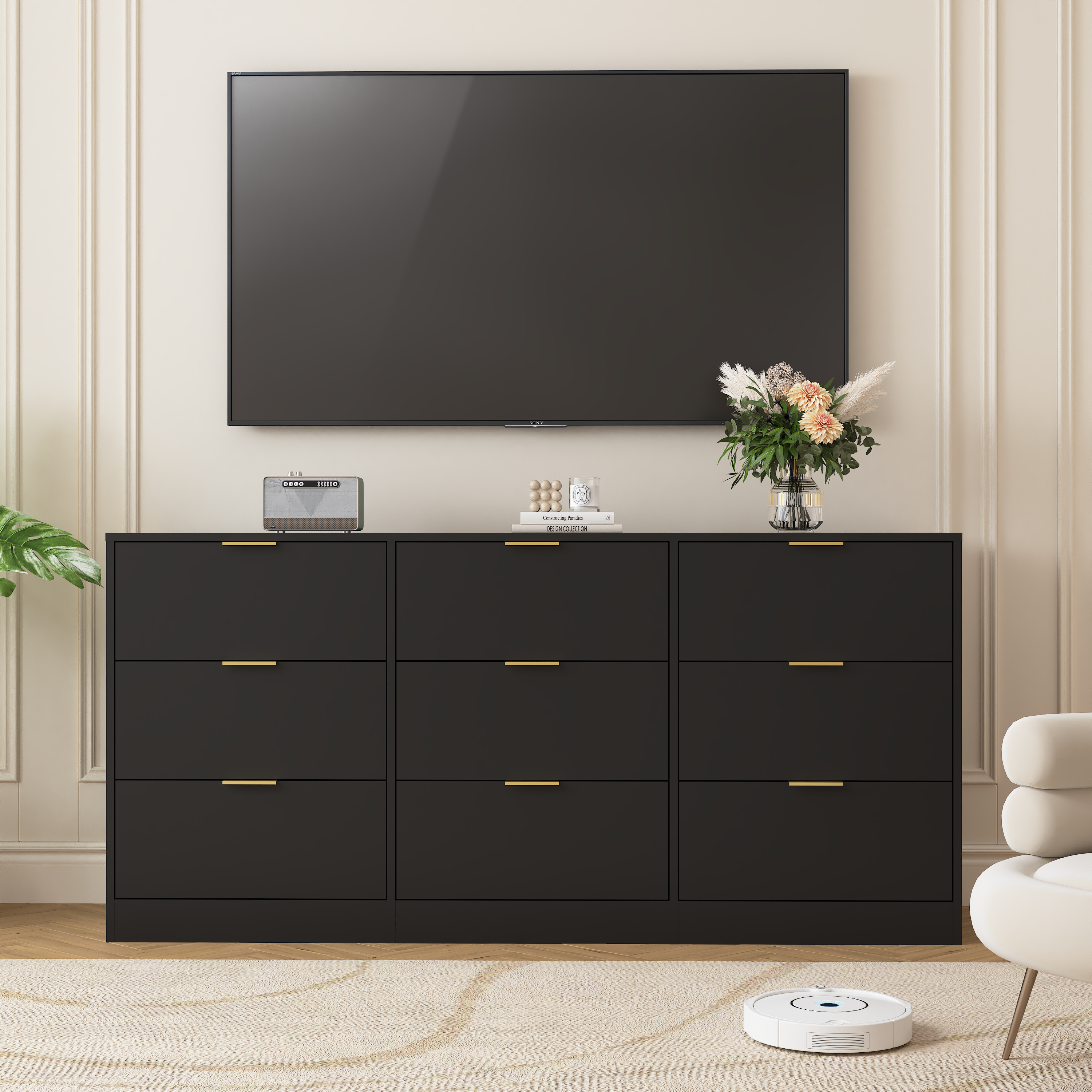 Black 9 Drawer Dresser, 63' Large Deep Chest of Drawers, Wooden Dresser Storage Cabinet with 9 Drawers for Bedroom, Long Dressers for Living Room, Hallway - Grand Goldman Shop