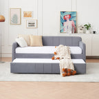 Twin Upholstered Daybed Frame with Trundle, Twin Size Sofa Bed for Bedroom Living Room Guest Room, Wood Slat Support,Grey - Grand Goldman Shop