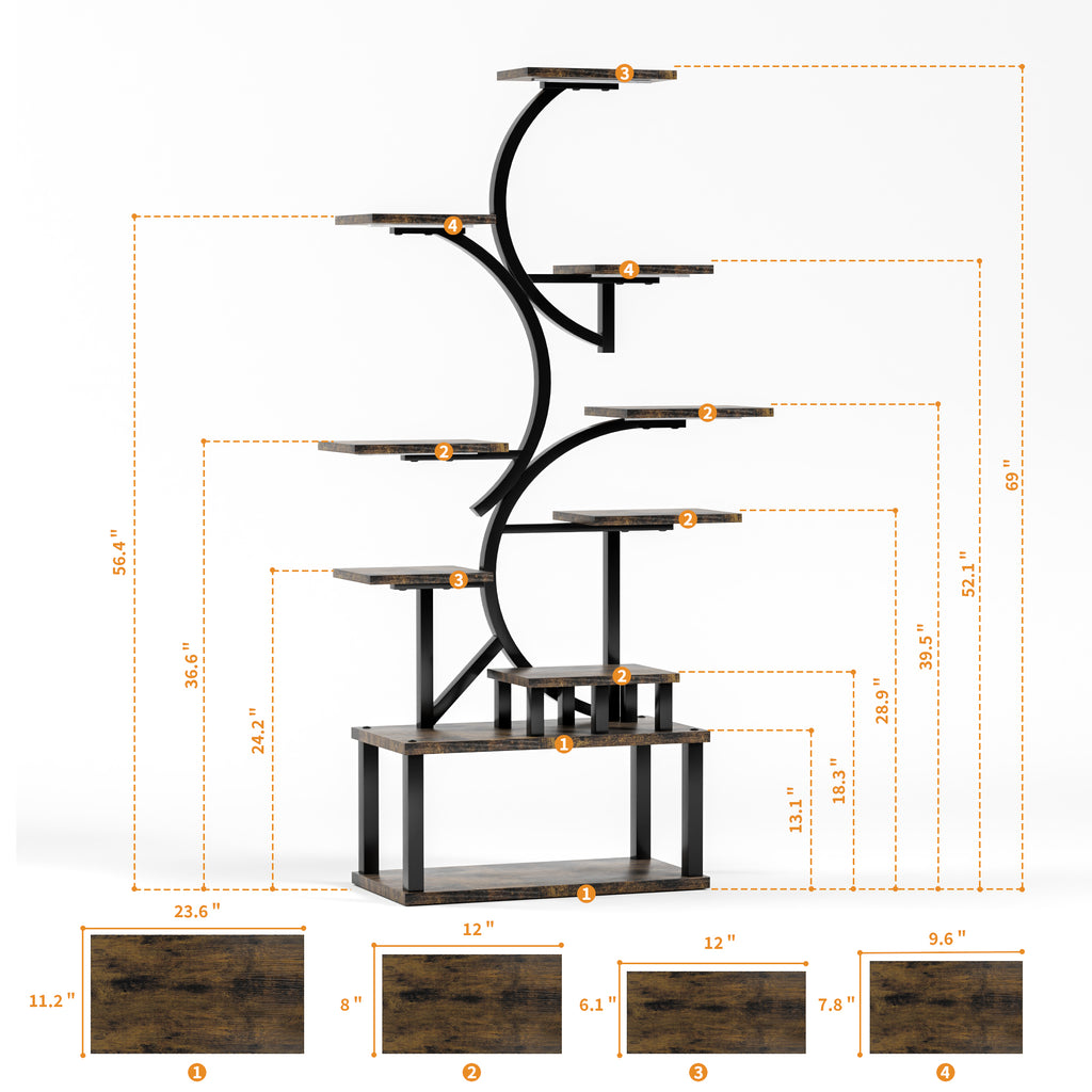 S-Shaped 10-Tier Plant Stand with 5 Grow Lights in Deep Rustic Brown, MDF and Steel, 68.5' Tall for Indoor Plants - Grand Goldman Shop