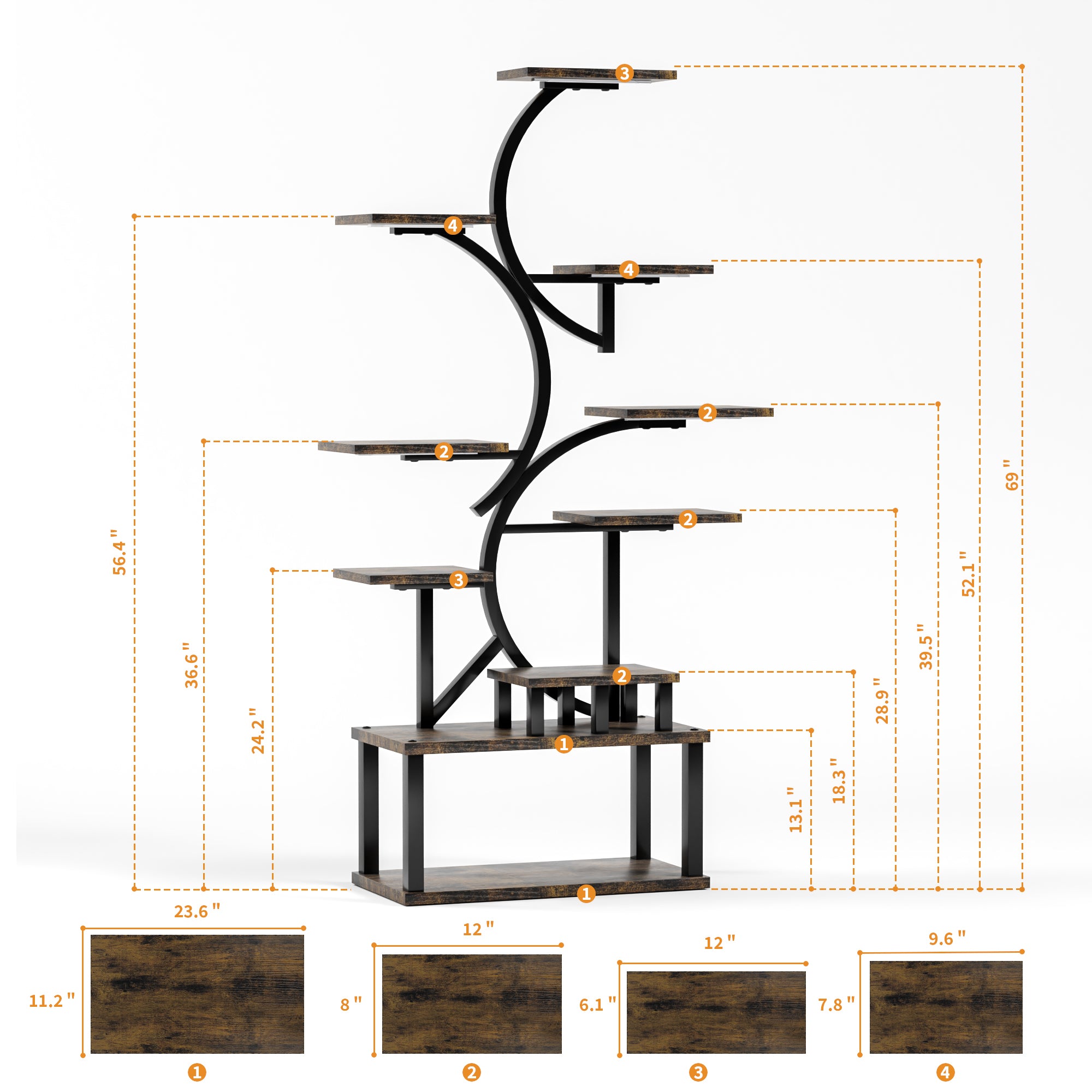 S-Shaped 10-Tier Plant Stand with 5 Grow Lights in Deep Rustic Brown, MDF and Steel, 68.5' Tall for Indoor Plants - Grand Goldman Shop