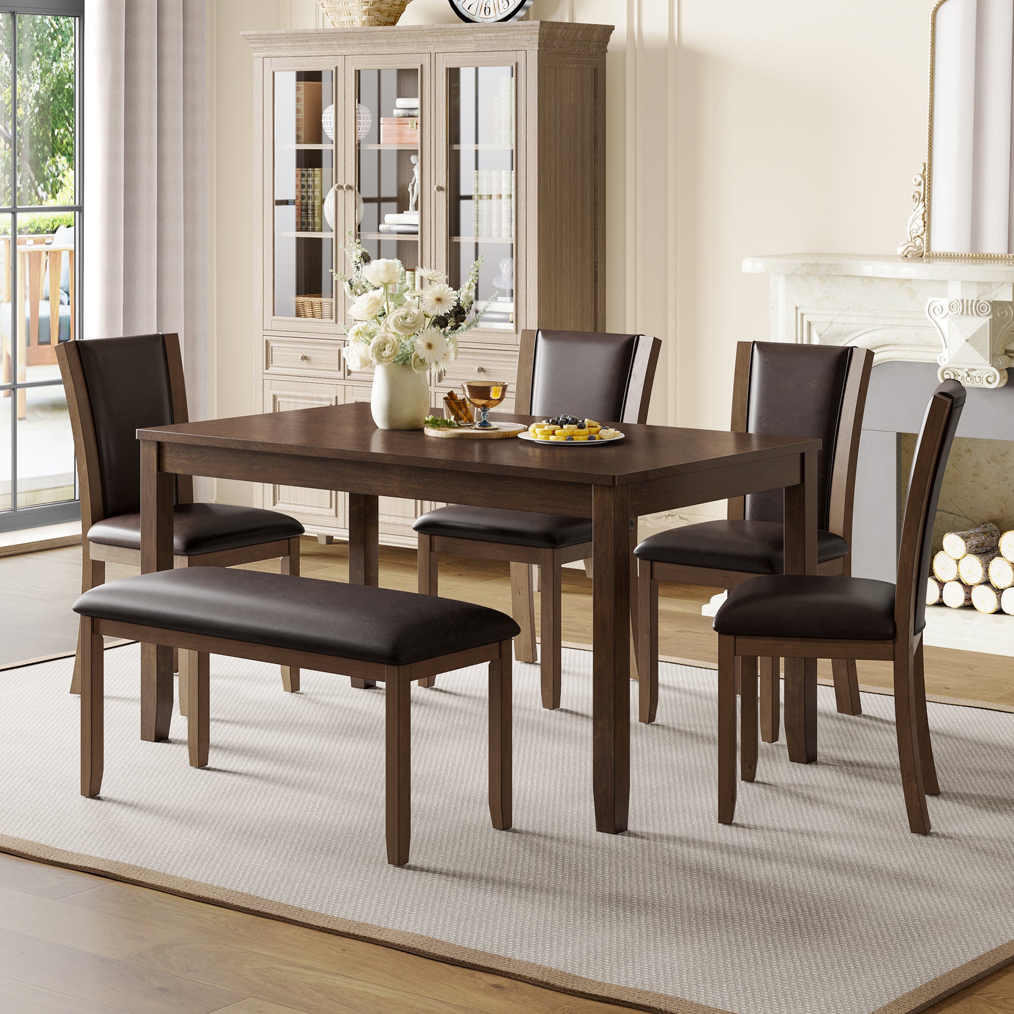 6-Piece Dining Table Set with Bench and Chairs, Wooden dining table set for 6 people, Farmhouse Rustic Style 6 Person Dining Table Set for Dining Room, Kitchen, Dark Walnut - Grand Goldman Shop