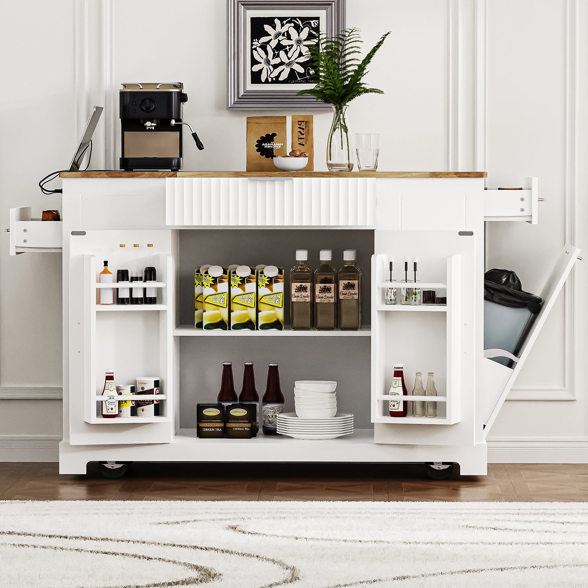 K&K Fluted Kitchen Island with Trash Can Storage Cabinet, Power Outlet, Internal Storage Rack, Rolling Kitchen Islands on 5 Wheels with 3 Drawer, 3 Open Side Racks for 10 Gallon Garbage Bin, White - Grand Goldman Shop
