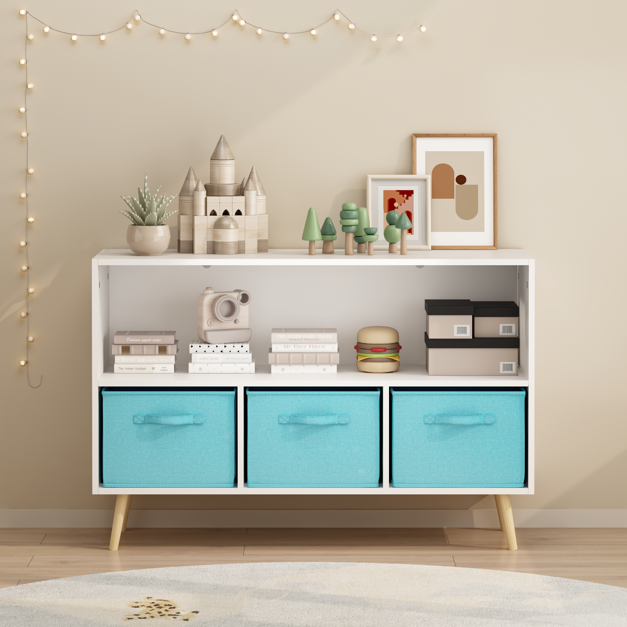 Kids bookcase with Collapsible Fabric Drawers, Children's Book Display, Toy Storage Cabinet Organizer, White/Blue - Grand Gol