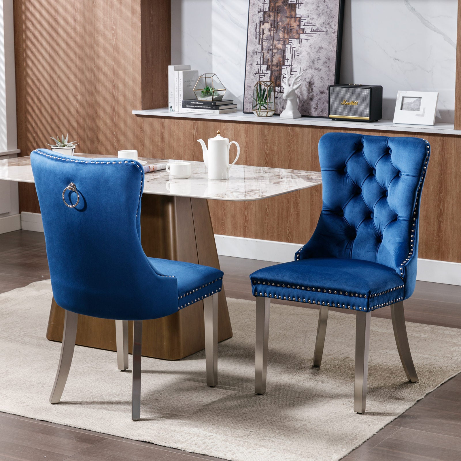 Nikki Collection Modern, High-end Tufted Solid Wood Contemporary Velvet Upholstered Dining Chair with Chrome Stainless Steel Plating Legs,Nailhead Trim,Set of 2,Blue and Chrome, SW1701BL - Grand Goldman Shop
