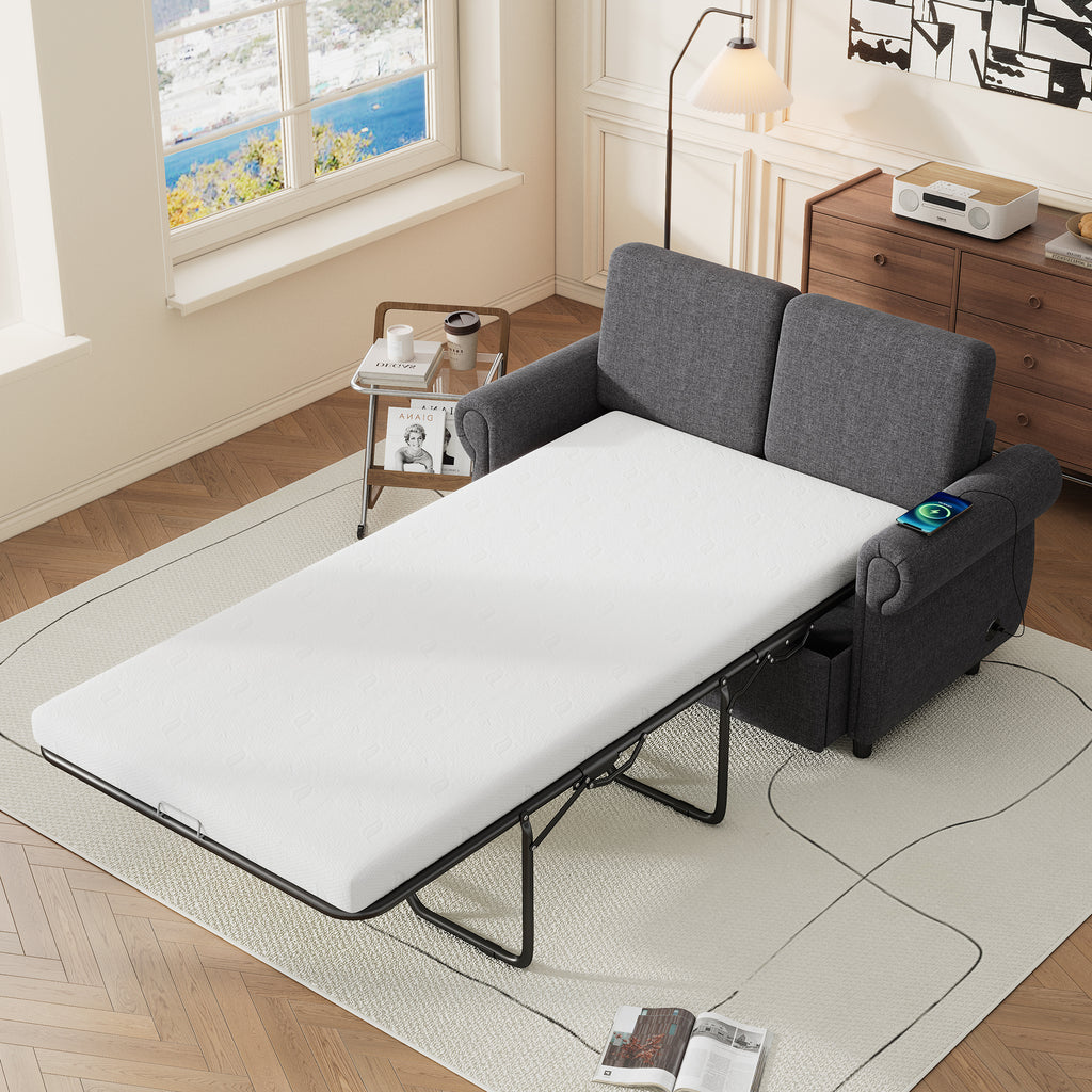 Orisfur Pull Out Sofa Bed Loveseat Sleeper with Twin Size Memory Mattress and USB Ports, Grey Linen, 57.9' - Grand Goldman Shop