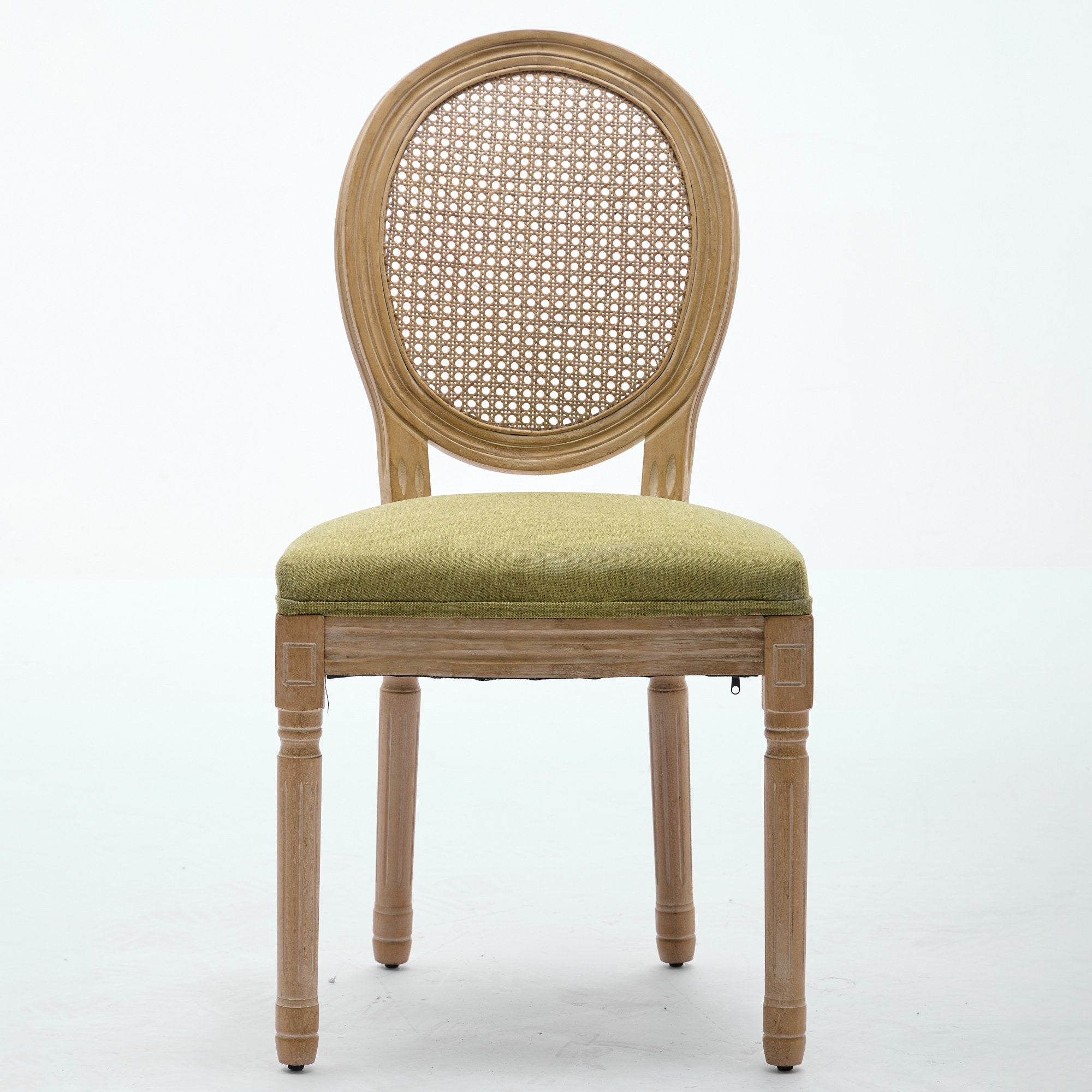 A&A Furniture,French Style Solid Wood Frame Antique Painting Linen Fabric Rattan Back Dining Chair,Set of 2,Olive-Green - Grand Goldman Shop