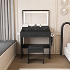 Modern Black Makeup Vanity Set with Power Outlet, Hair Dryer Holder, and Adjustable Lighting - Grand Goldman Shop