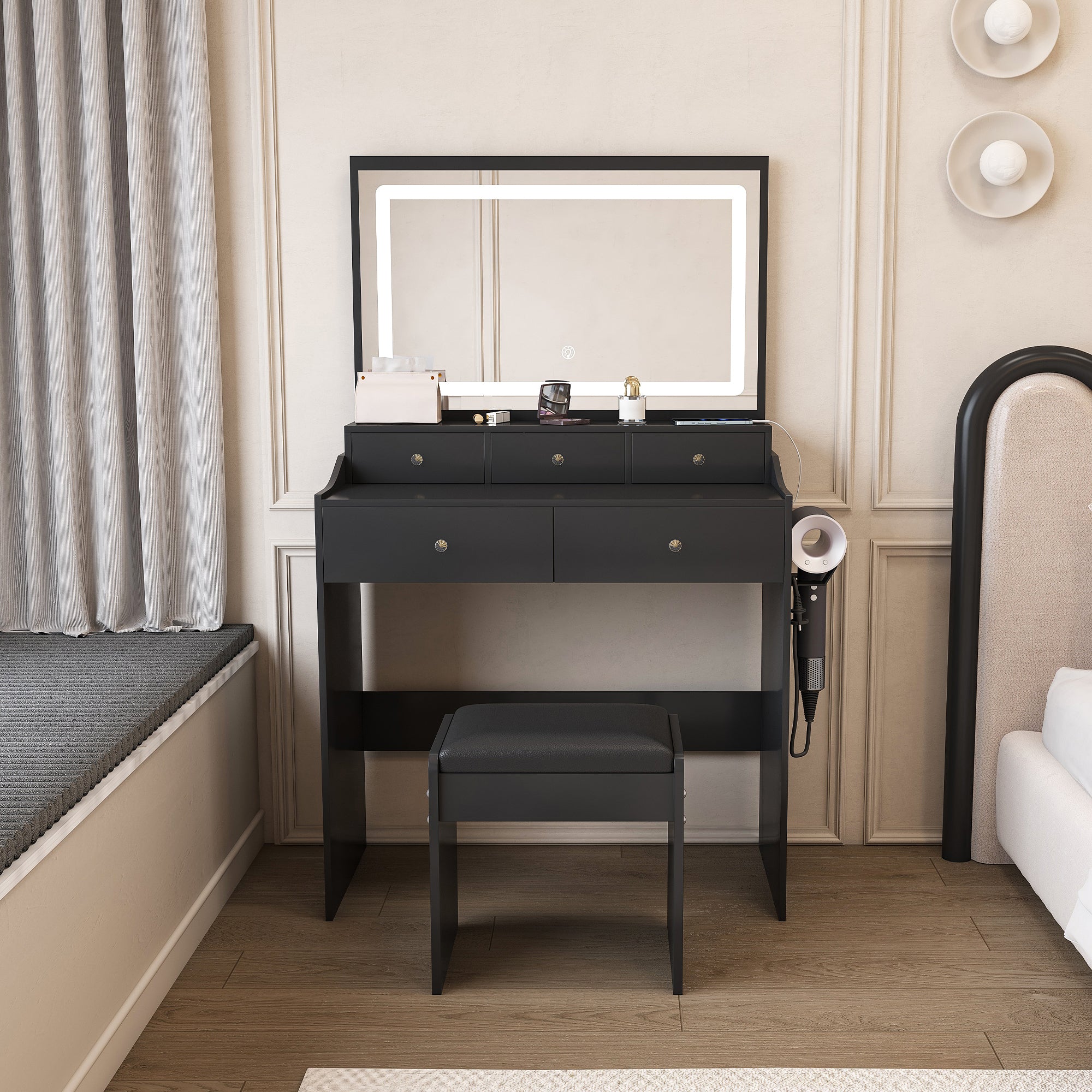 Modern Black Makeup Vanity Set with Power Outlet, Hair Dryer Holder, and Adjustable Lighting - Grand Goldman Shop