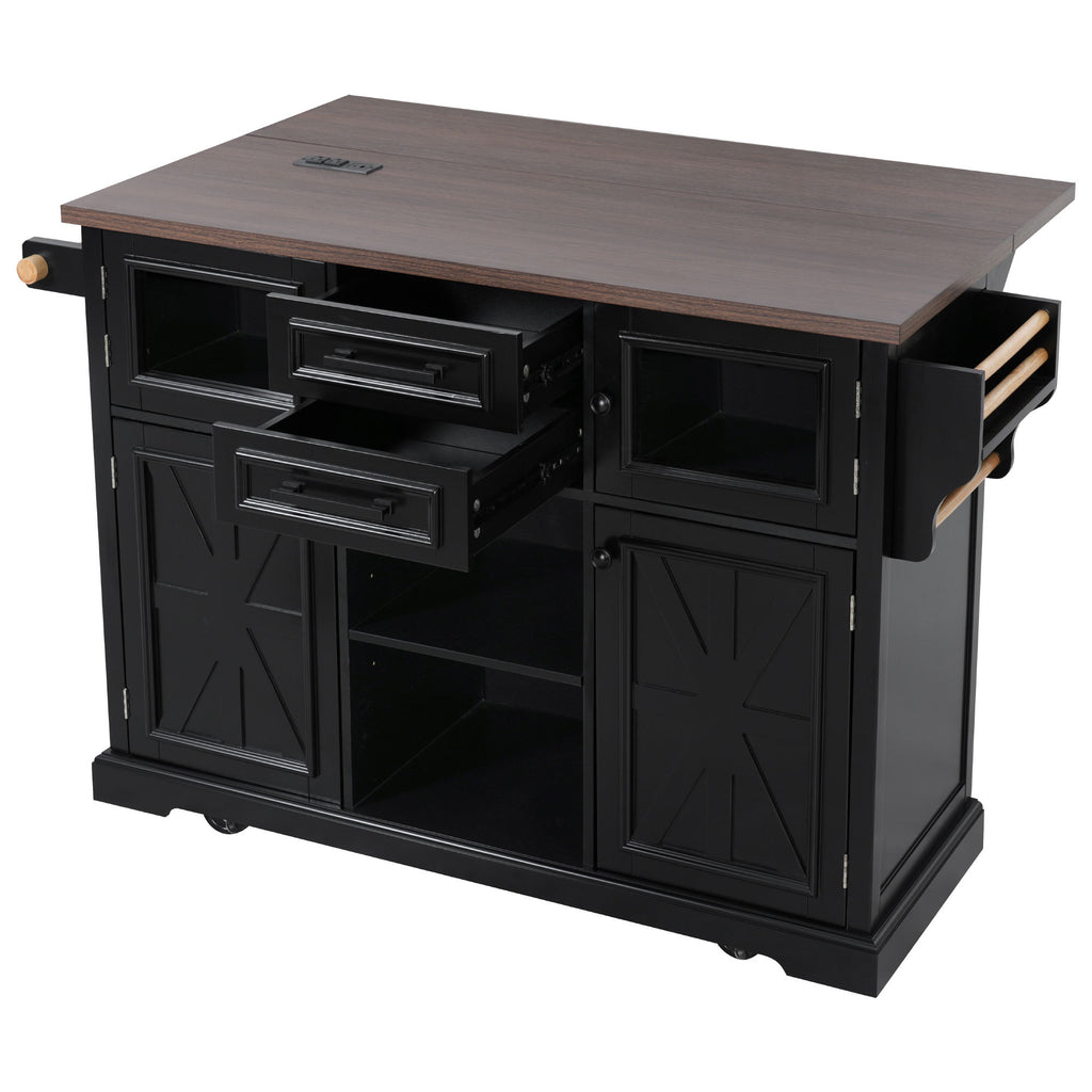 K&K 54.9' Kitchen Island with Drop Leaf, Power Outlet, Kitchen Storage Cart with 4 Door Shelves, Cross Barn Doors & Visual Glass Door, Rolling Kitchen Island on 4 Wheels for Kitchen, Dining Room,Black - Grand Goldman Shop