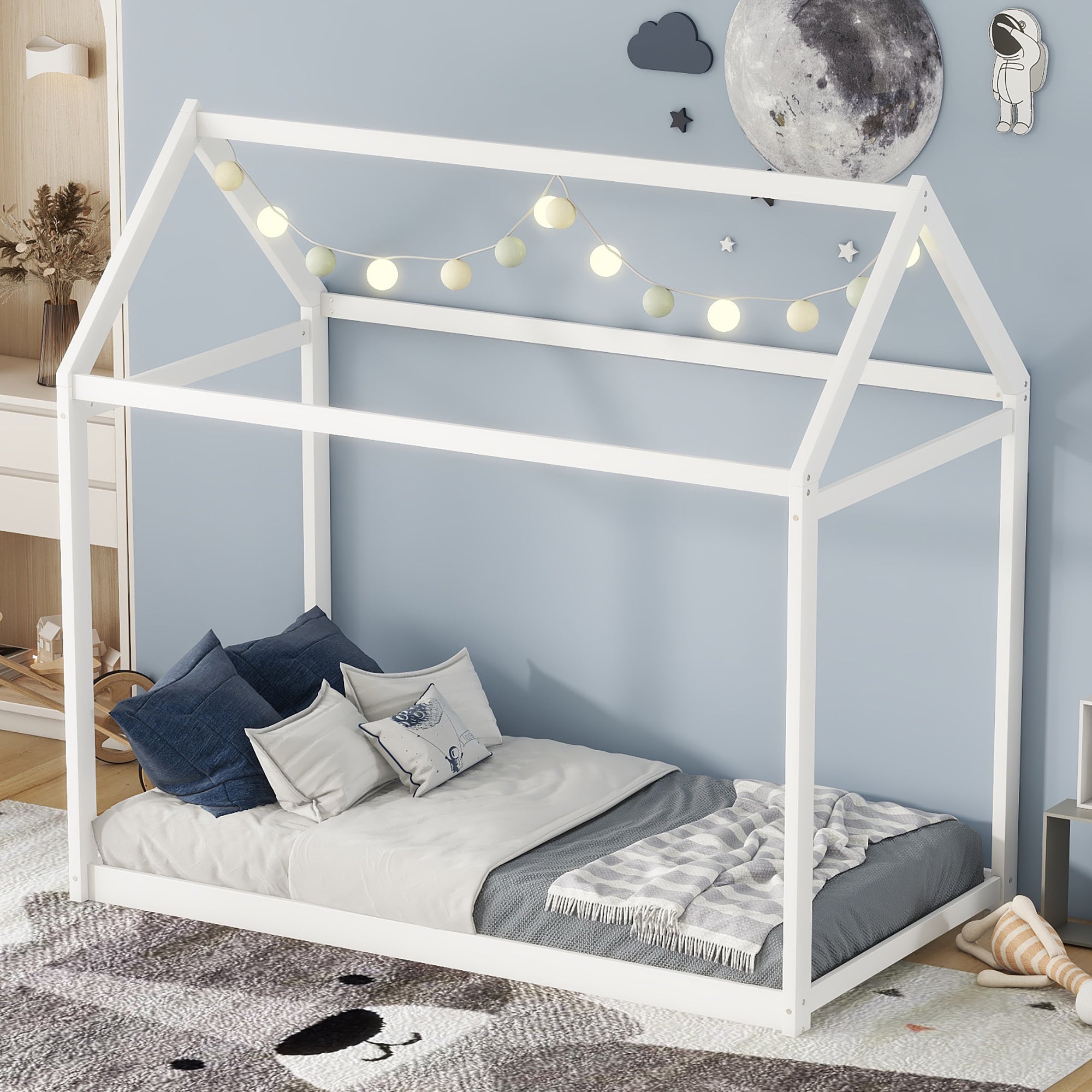 Twin Size Wooden House Bed in White with Pine Wood and MDF Construction, 78.3''L x 42.5''W x 70.3''H - Grand Goldman Shop