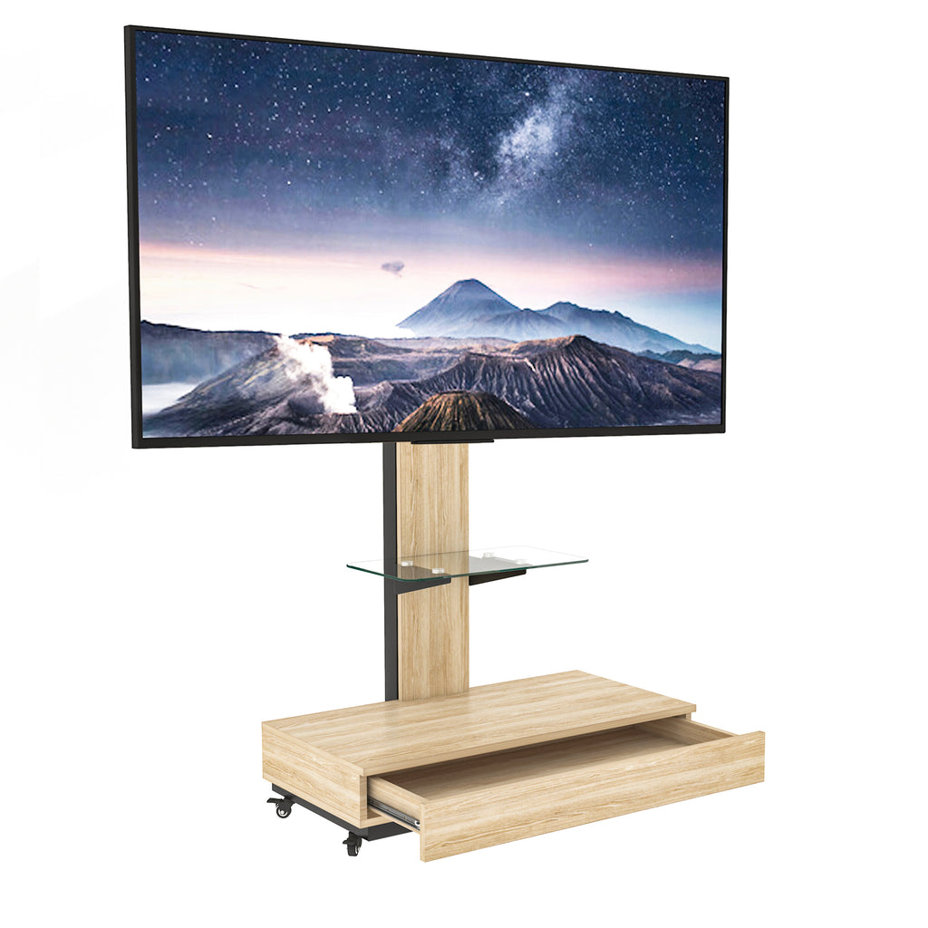 Natural Adjustable Height Mobile TV Cart with Push-Pull Drawer for 32-75 Inches, Wood & Glass TV Stand with Wheels - Grand Goldman Shop