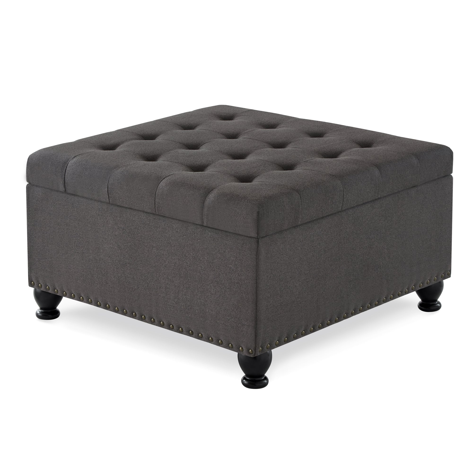Large square storage ottoman with wooden legs, Upholstered button tufted coffee table with nail trims for Living Space,Dark Grey - Grand Goldman Shop