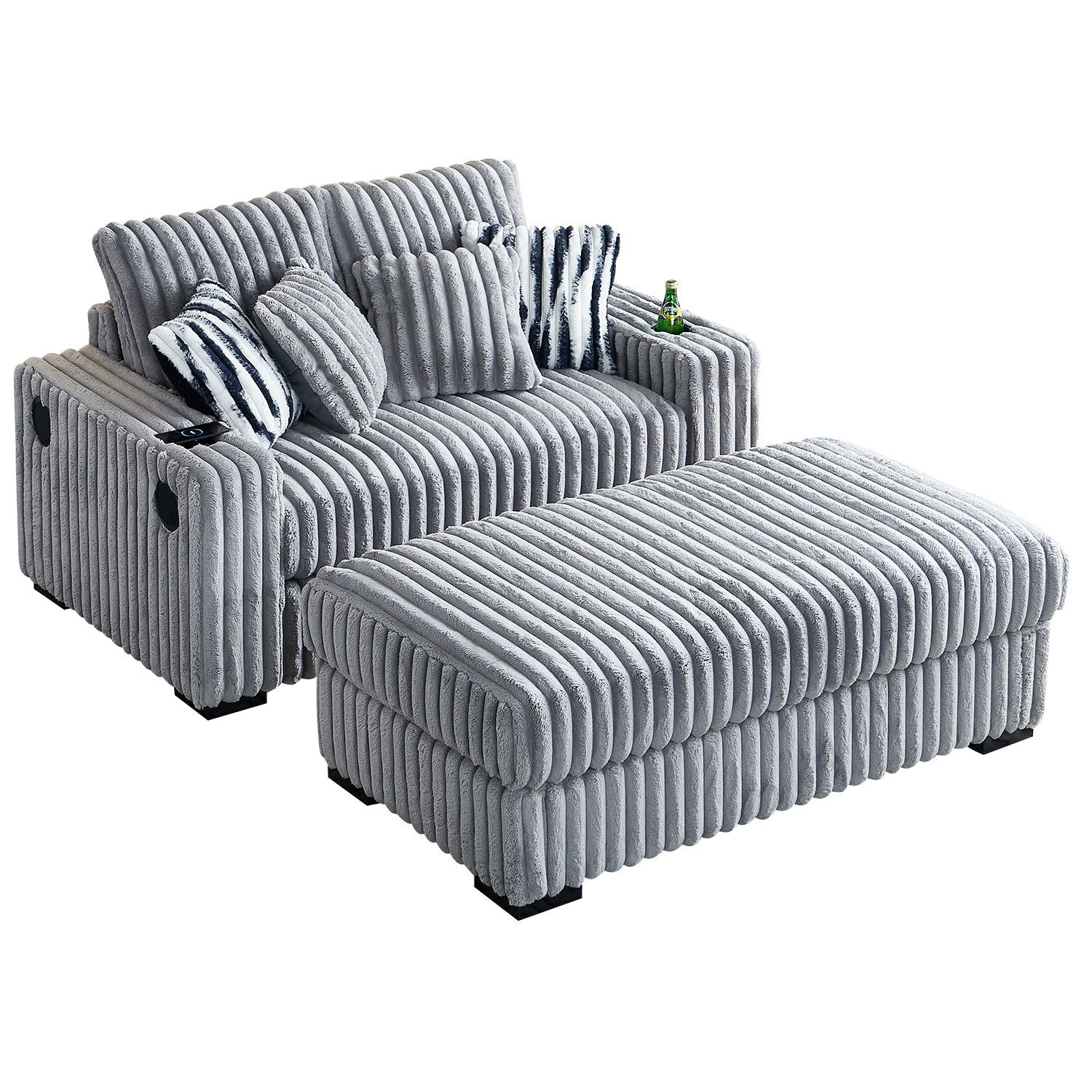 61.42Inch Square Arm Loveseat With Ottoman, 2PCS Back Cushions and 4PCS Toss Pillows, Cupholder,Bluetooth Speaker,Wireless Charger,USB Ports for Living Room and Bedroom,Light Grey - Grand Goldman Shop