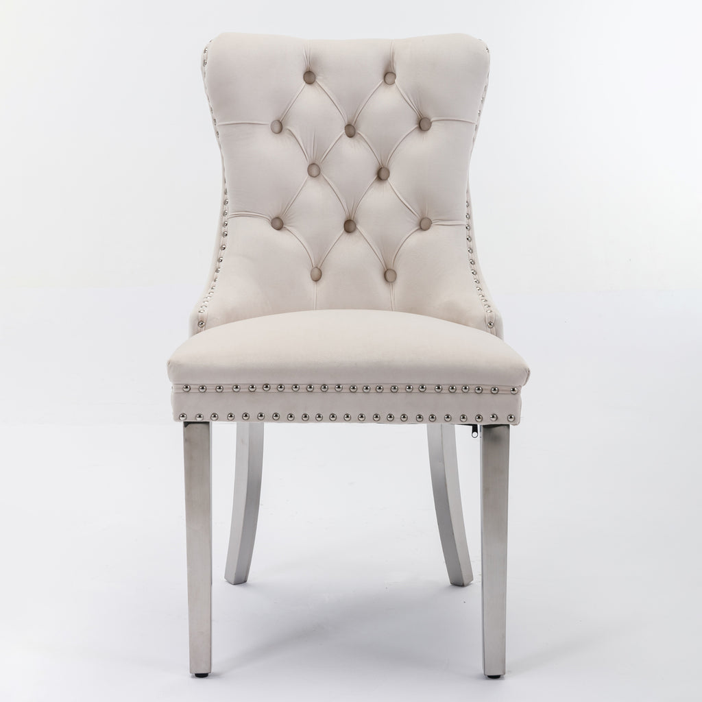 Nikki Collection Modern, High-end Tufted Solid Wood Contemporary Velvet Upholstered Dining Chair with Chrome Stainless Steel Plating Legs,Nailhead Trim,Set of 2，Beige and Chrome, SW1701BG - Grand Goldman Shop