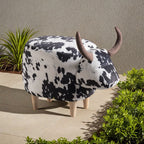 Cow-Shaped Ottoman Footstool, Black and White Modern Accent Stool with Velvet Horns, Fabric Body, Birch Legs - Grand Goldman Shop