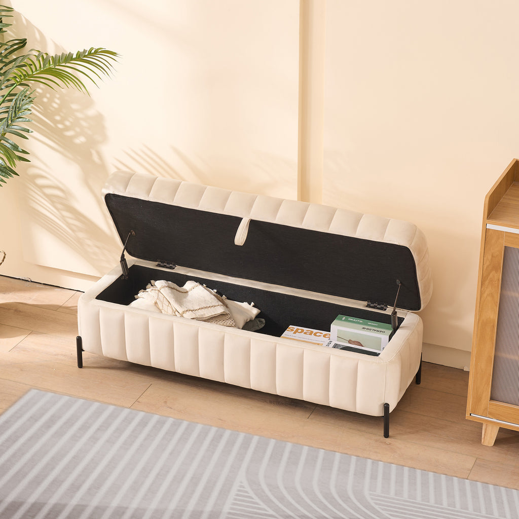 49.21' Wide Upholstered Velvet Storage Soft Bench Footstool Ottoman End of Bed with Metal Legs, Foot Rest for Living Room, Entryway and Bedroom, Beige - Grand Goldman Shop