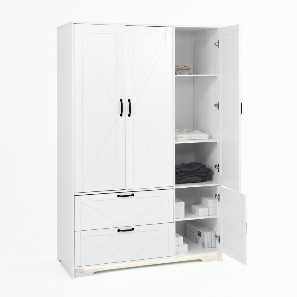 4 Doors Wardrobe Closet with Mirror, LED Wardrobe with Doors and 2 Drawers, Wooden Wardrobe Storage Cabinet with Hanging Rod, Adjustable Shelves, White - Grand Goldman Shop