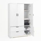 4 Doors Wardrobe Closet with Mirror, LED Wardrobe with Doors and 2 Drawers, Wooden Wardrobe Storage Cabinet with Hanging Rod, Adjustable Shelves, White - Grand Goldman Shop