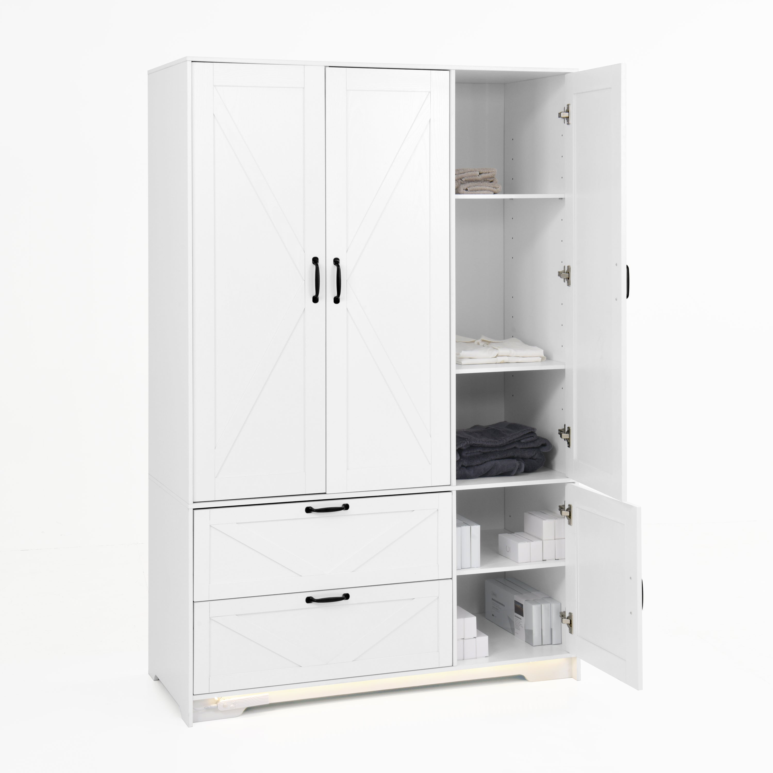 4 Doors Wardrobe Closet with Mirror, LED Wardrobe with Doors and 2 Drawers, Wooden Wardrobe Storage Cabinet with Hanging Rod, Adjustable Shelves, White - Grand Goldman Shop