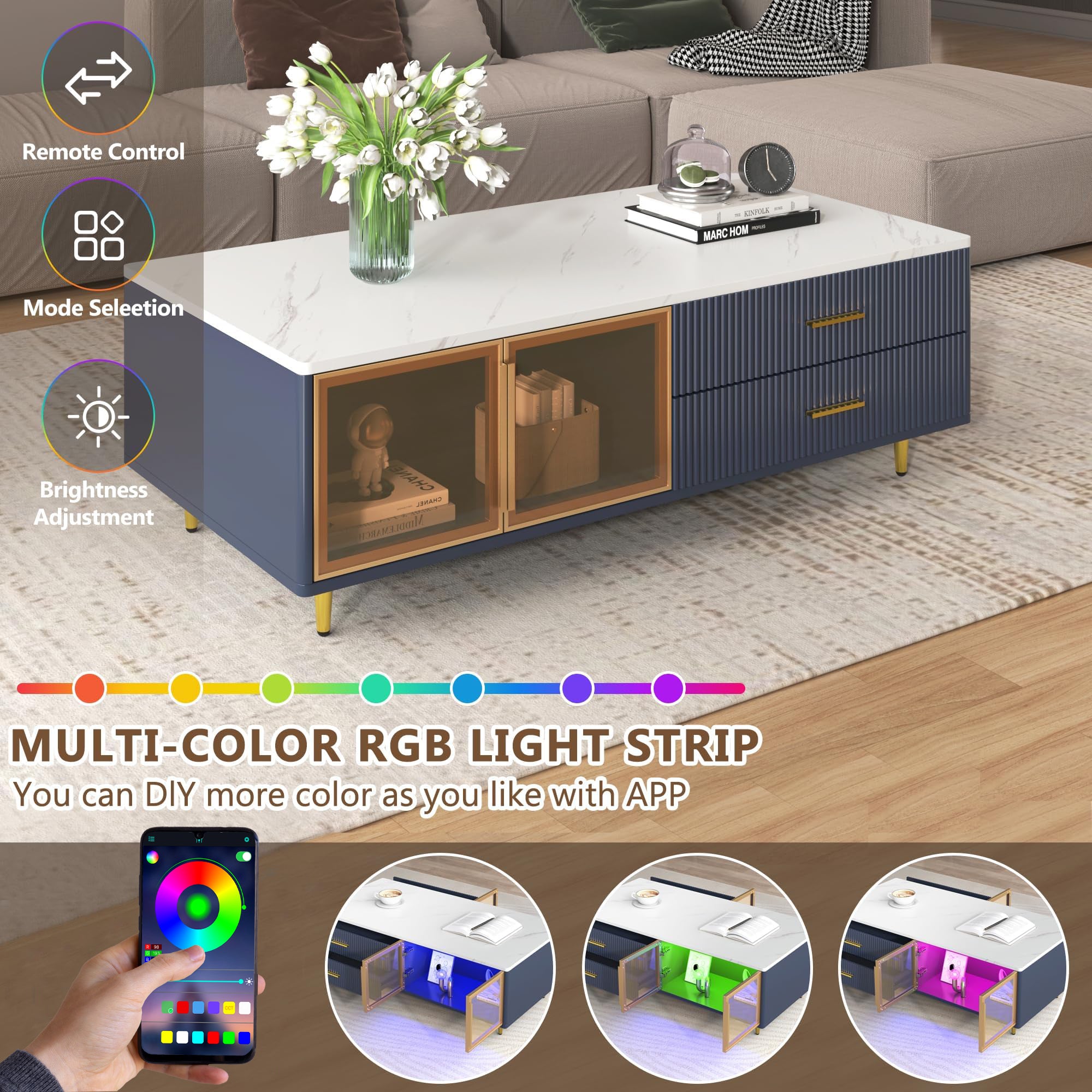 Modern Navy Blue Coffee Table with 2 Glass Door Storage, 4 Drawers, Gold Metal Legs, and Multi-Color Lighting in 47.2'' - Grand Goldman Shop