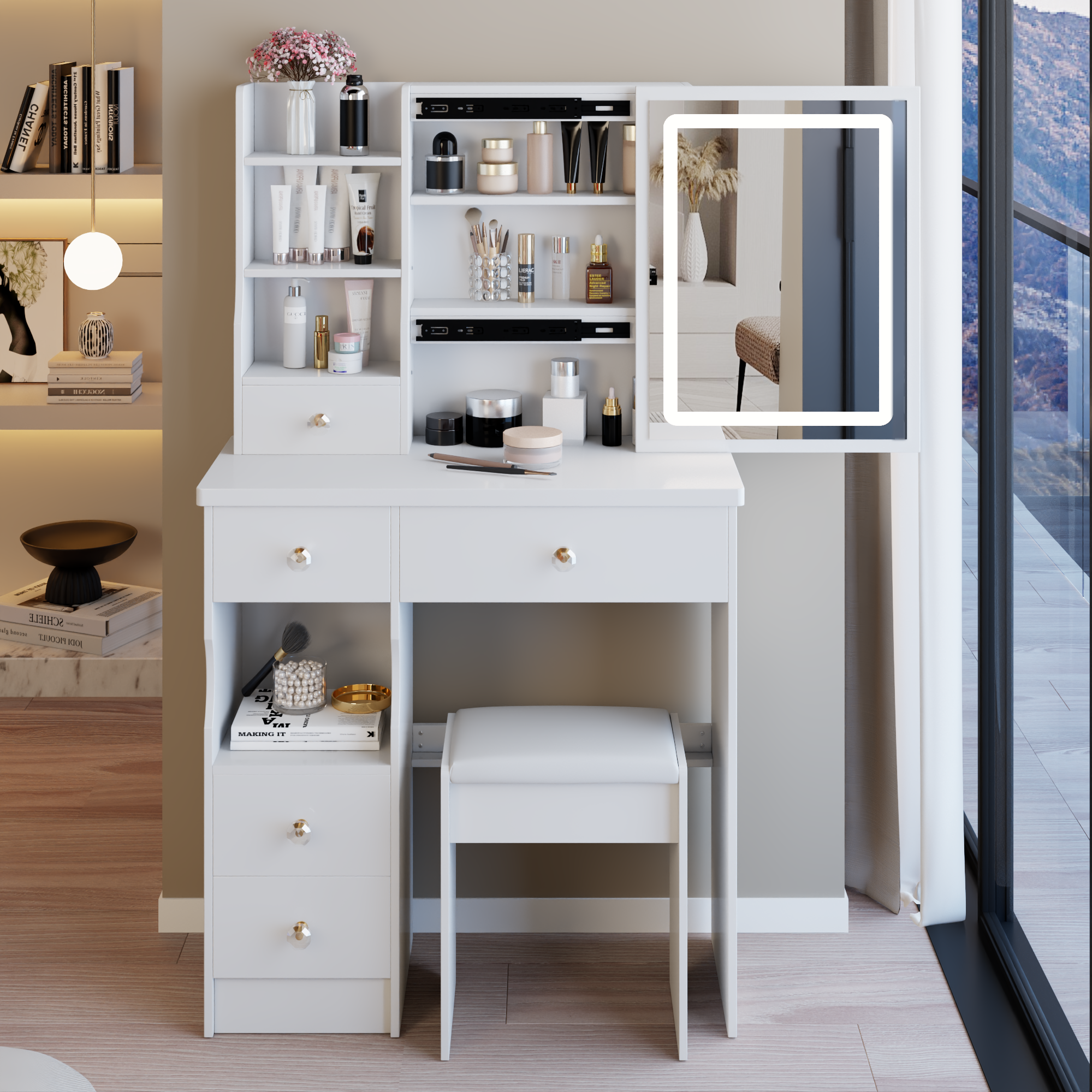 29.2' Small Size Left Drawer Desktop Vanity Table + Cushioned Stool, Large Sliding, Touch Control, Tri-color Switching, Brightness Adjust LED Mirror, High Capacity Storage, Suitable for Small Space - Grand Goldman Shop