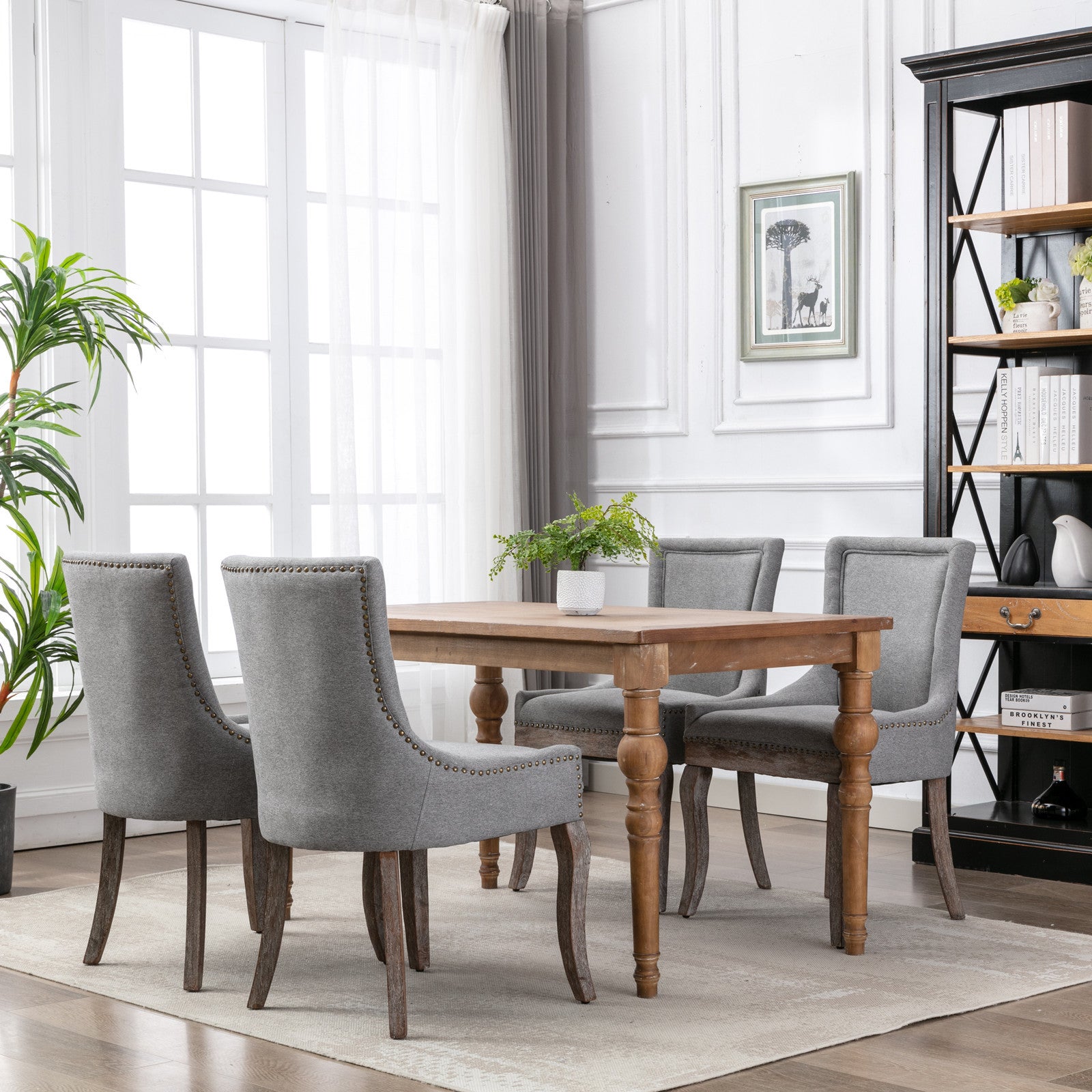 A&A Furniture Ultra Side Dining Chair with Thickened Fabric and Solid Wood Legs, Bronze Nail Head, Set of 2, Gray - Grand Goldman Shop