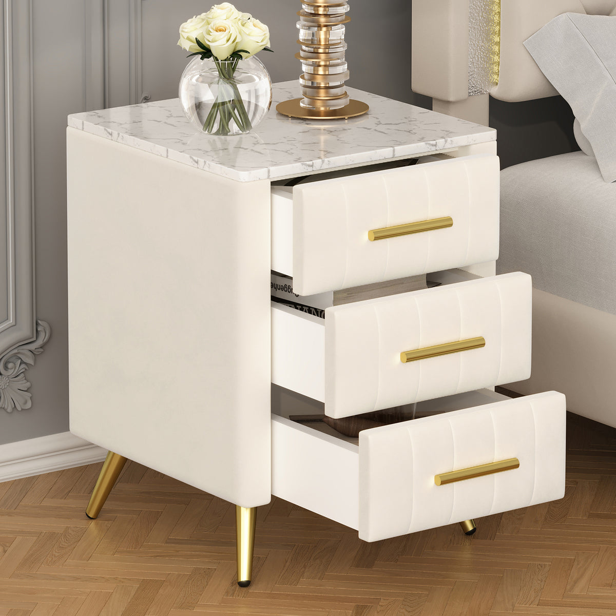Upholstered Wooden Nightstand with 3 Drawers and Metal Legs&Handles, Bedside Table with Marbling Stickers Worktop - Beige - Grand Goldman Shop