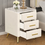 Upholstered Wooden Nightstand with 3 Drawers and Metal Legs&Handles, Bedside Table with Marbling Stickers Worktop - Beige - Grand Goldman Shop