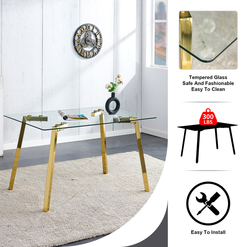 Modern minimalist style rectangular glass dining table with tempered glass tabletop and golden metal legs, suitable for kitchen, dining room, and living room, 51 ' * 31.5 ' * 29.5 '   1123 - Grand Goldman Shop