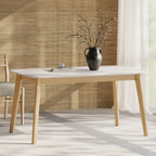 Dining Table with Splayed Rubberwood Legs & Faux Wood Tabletop, Mid-Century Modern - Grand Goldman Shop