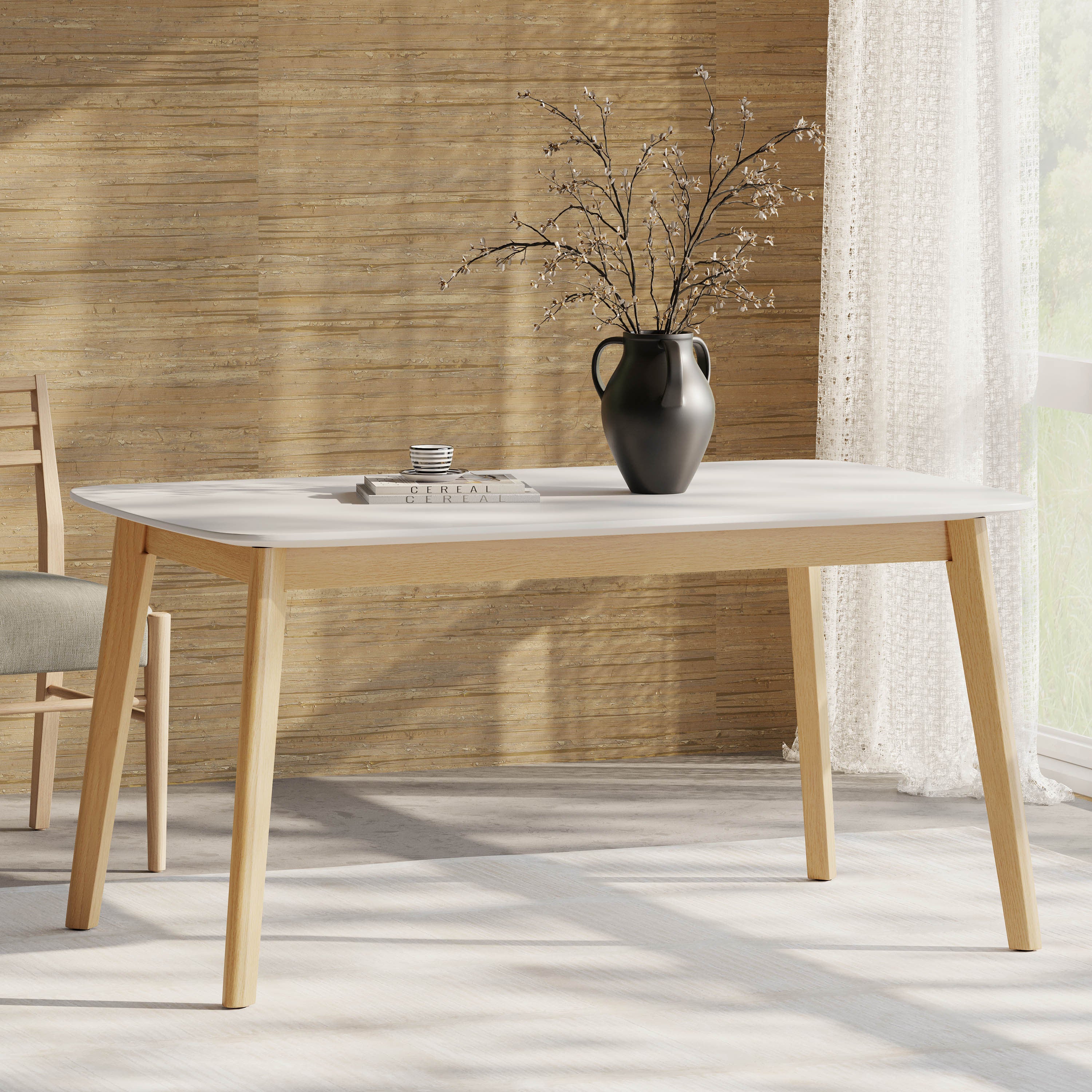 Dining Table with Splayed Rubberwood Legs & Faux Wood Tabletop, Mid-Century Modern - Grand Goldman Shop