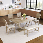 TOPMAX Modern Style Natural Wood 6-Piece Dining Table Set with Bench and Chairs, Upholstered Seats, Rubberwood Frame - Grand Goldman Shop