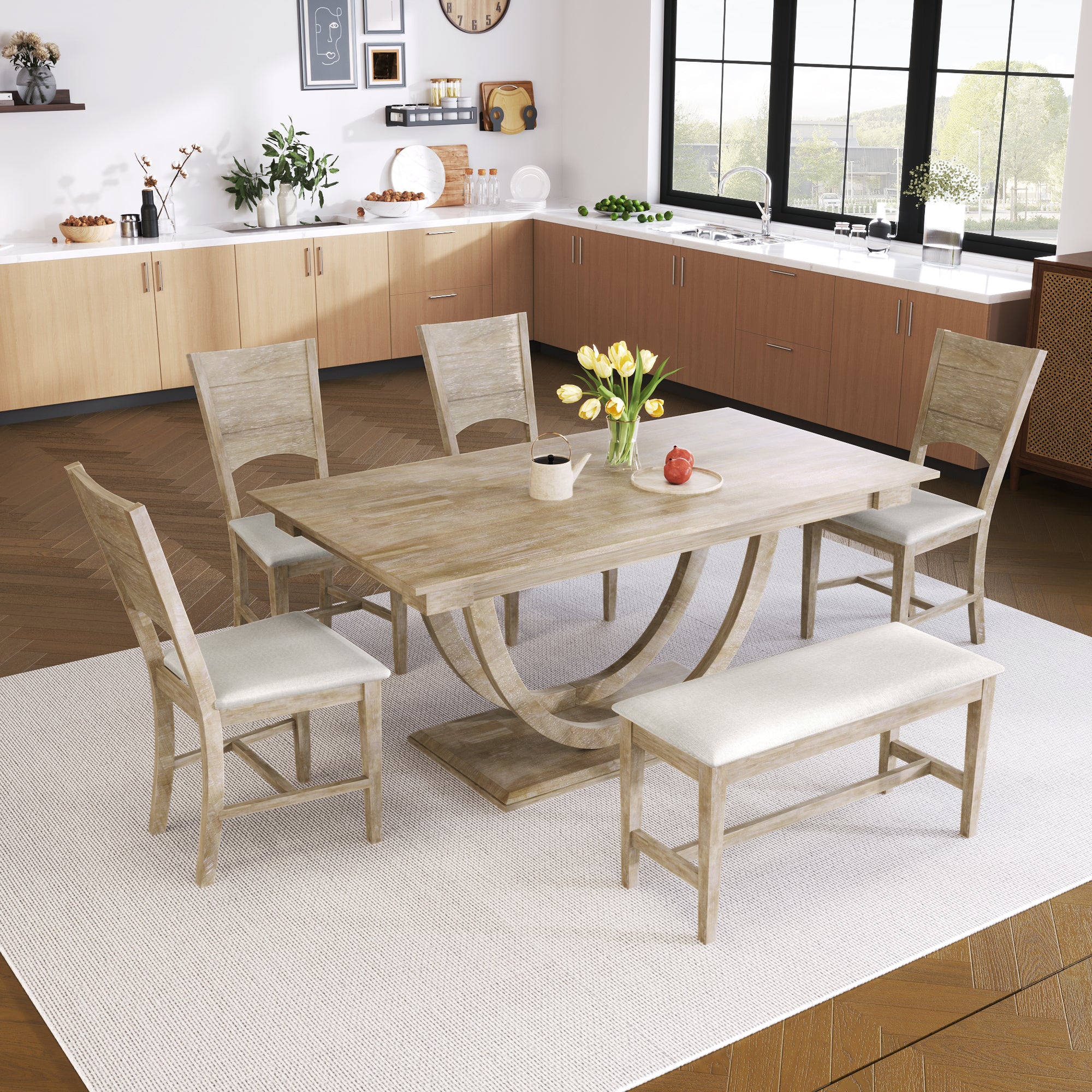 TOPMAX Modern Style Natural Wood 6-Piece Dining Table Set with Bench and Chairs, Upholstered Seats, Rubberwood Frame - Grand Goldman Shop