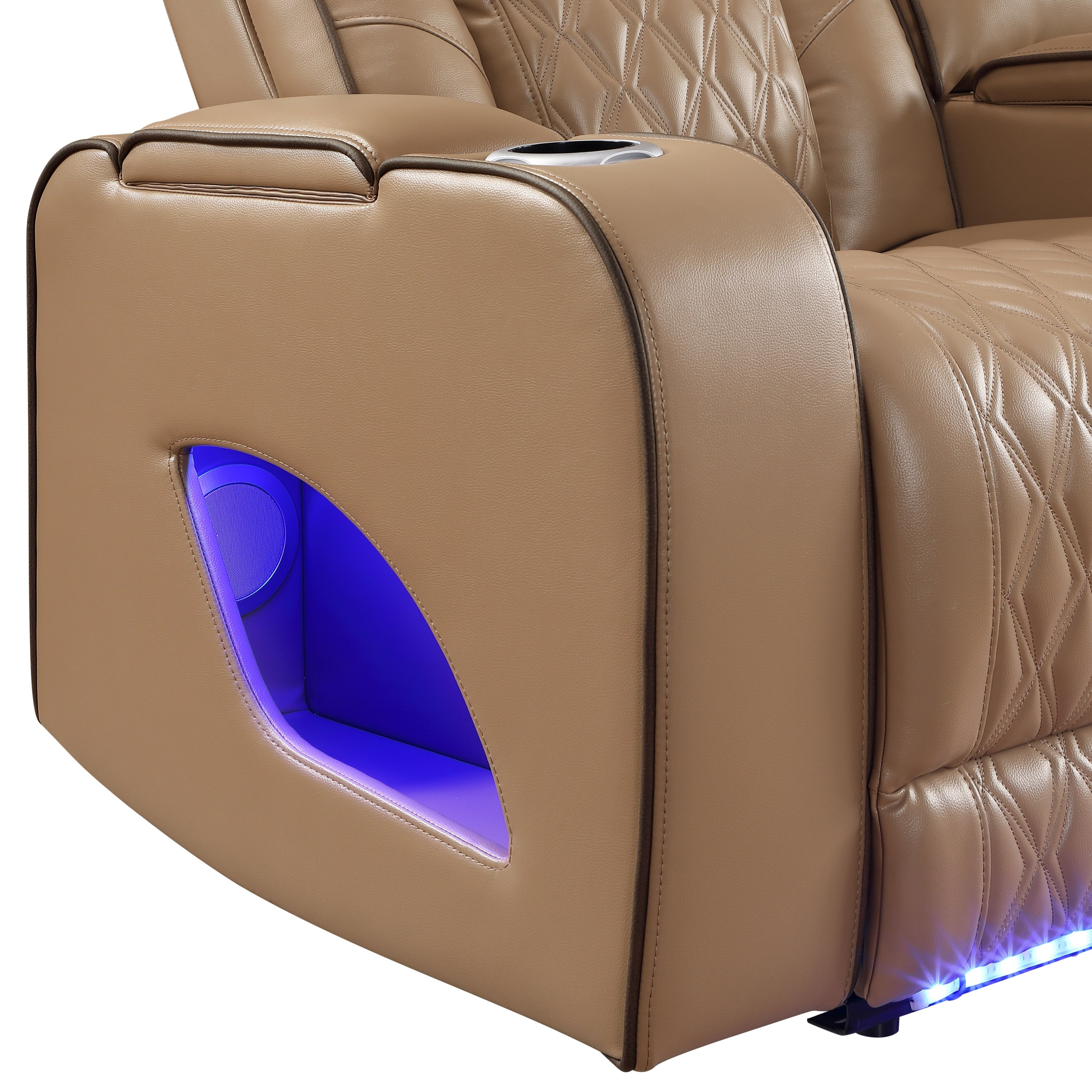 Fortuner Power Reclining 2Pc Living Room Set in Caramel Faux Leather with LED Lights, Massage Function, Bluetooth Speakers and Wireless Charging - Grand Goldman Shop