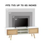 Modern Rattan TV Cabinet with Double Sliding Doors, Adjustable Shelf, Solid Wood Legs, White, 55.12 inches - Grand Goldman Shop