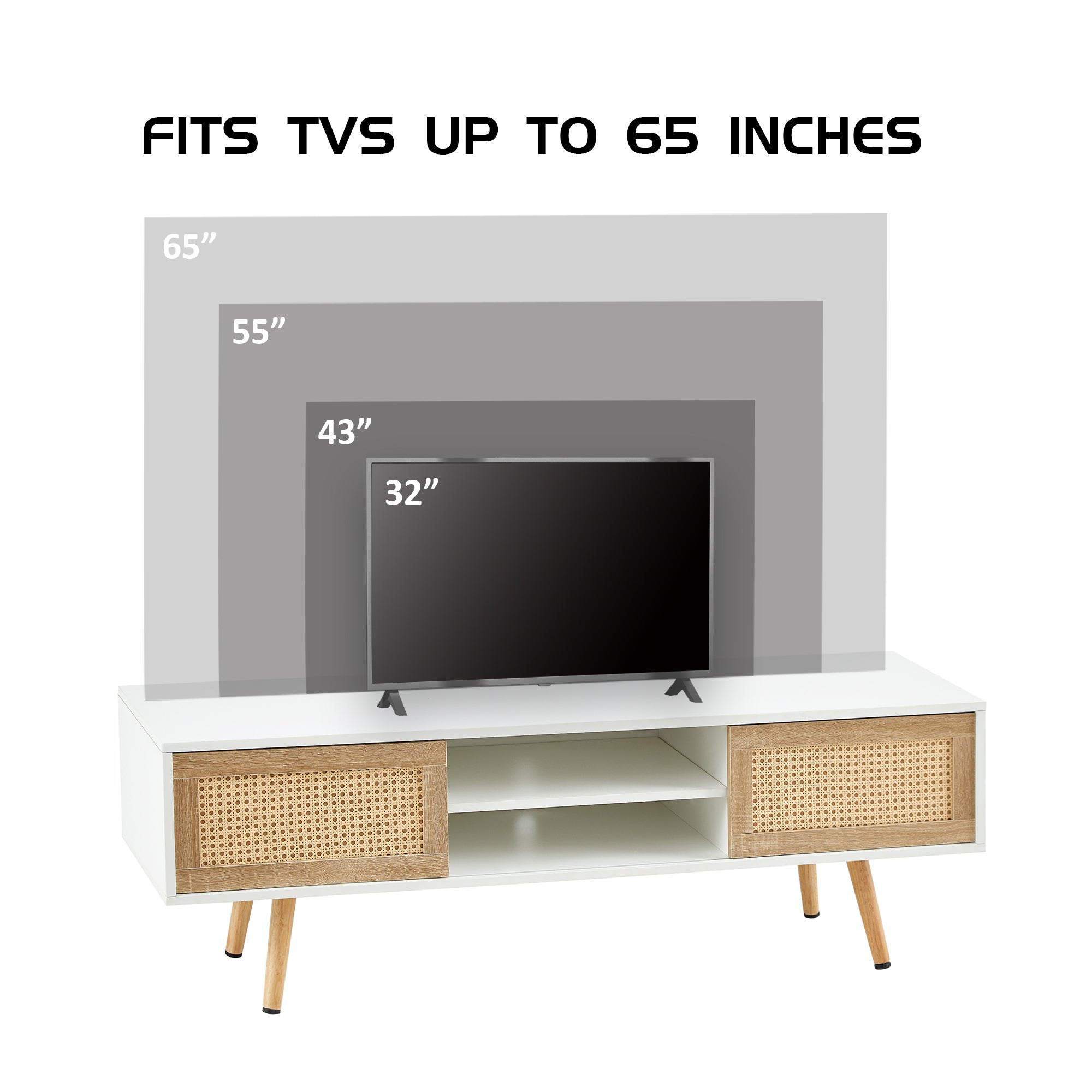 Modern Rattan TV Cabinet with Double Sliding Doors, Adjustable Shelf, Solid Wood Legs, White, 55.12 inches - Grand Goldman Shop