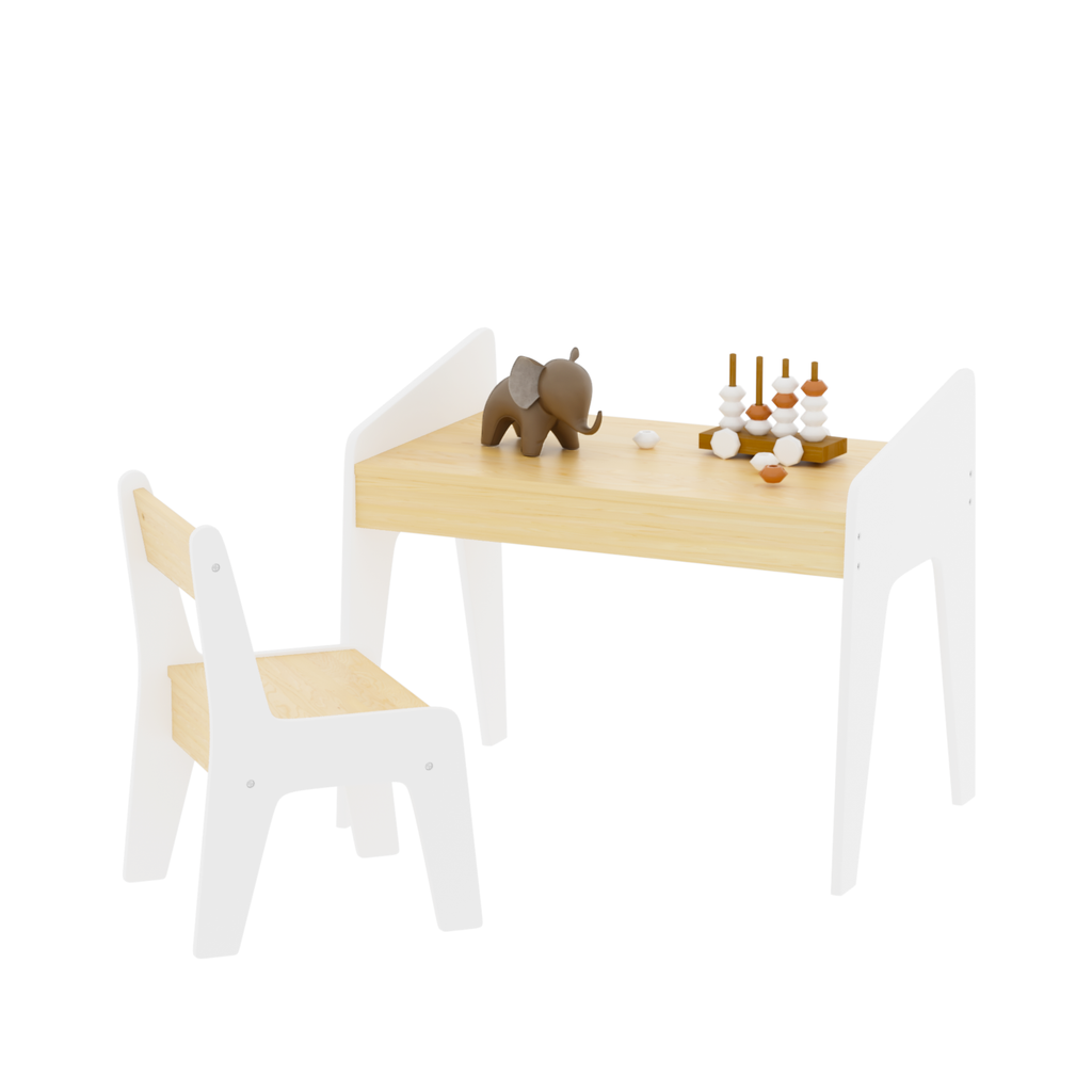 Kids Table Set with One Chair, Wooden Children Study Table, 2-8  Age Kids Funiture , White+Natural | Premium Home Decor - Gra