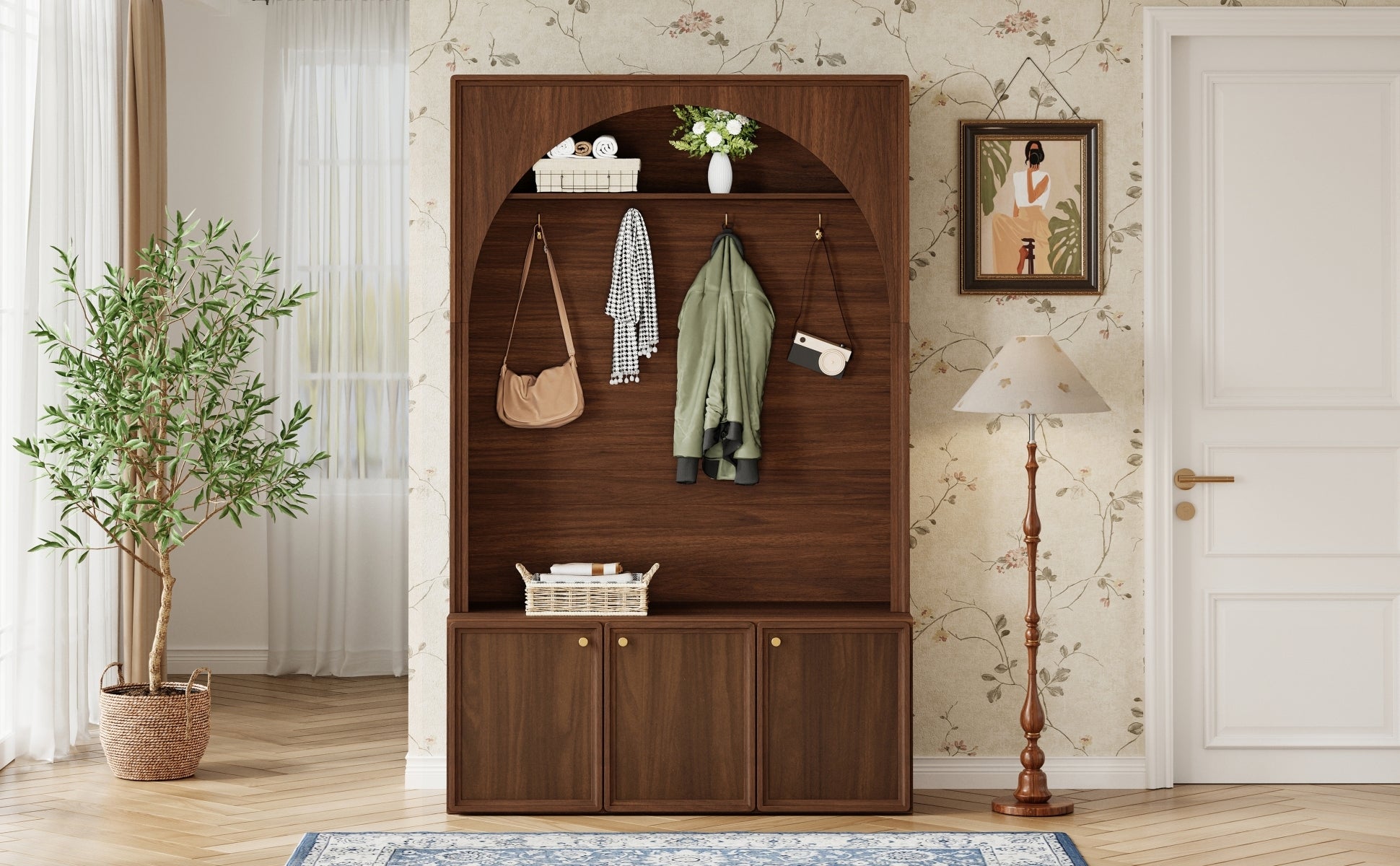 ON-TREND Farmhouse All-in-One Hall Tree with Adjustable Shelves, Retro Arched Entryway Storage Bench with 3 Cabinets, Wooden Coat Rack Organizer with 4 Golden Hooks for Mudroom, Hallway, Walnut - Grand Goldman Shop