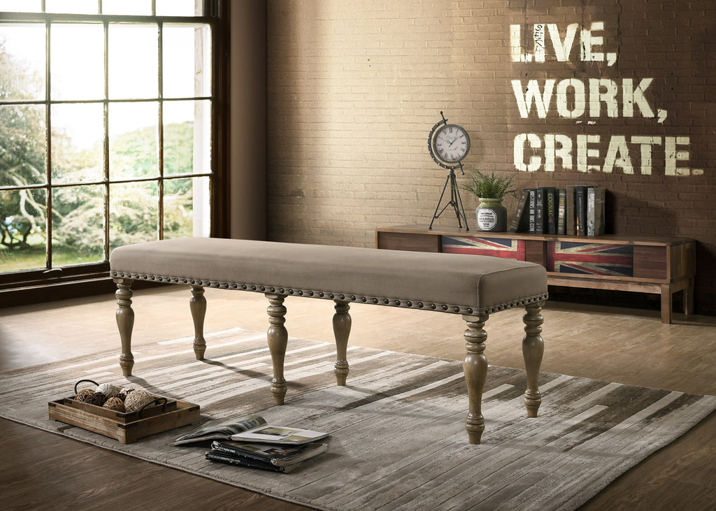 Birmingham Microfiber Upholstered Bench with Nail Head Trim in Driftwood Finish - Grand Goldman Shop
