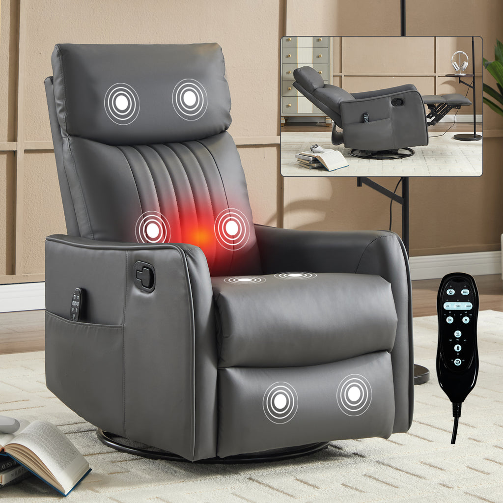 Grey Faux Leather Heat Massage Manual Recliner Chair with Rocker and Swivel for Living Room - Grand Goldman Shop