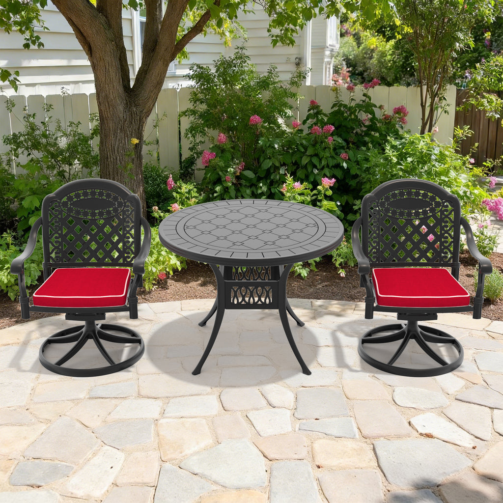3-teiliges Allwetter-Gartenset aus Aluminiumguss, inklusive 2 Drehstühlen und rundem Tisch 99,99 cm mit schwarzem Rahmen (gleiche Artikelnummer: W1710S00303)