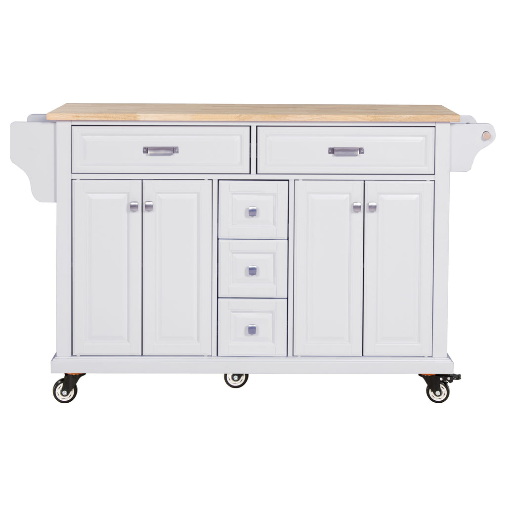 Kitchen Island with Rubber wood Countertop, Kitchen Cart on 5 Wheels with Storage Cabinet and 5 Drawers for Dinning Room, White - Grand Goldman Shop