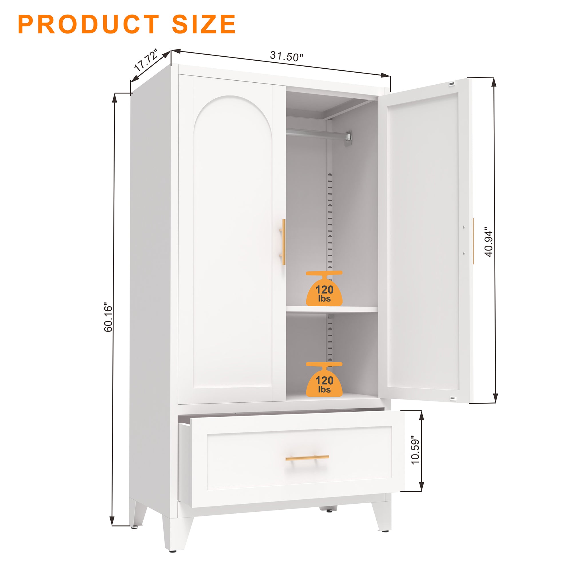 60' Tall Metal Wardrobe Cabinet with 1 Drawer and Hanging Rod, 2 Doors Wardrobe Closet with Shelf for Bedroom, Office, Laundry Room, Entryway, Foyer, Guesthouse (White) - Grand Goldman Shop