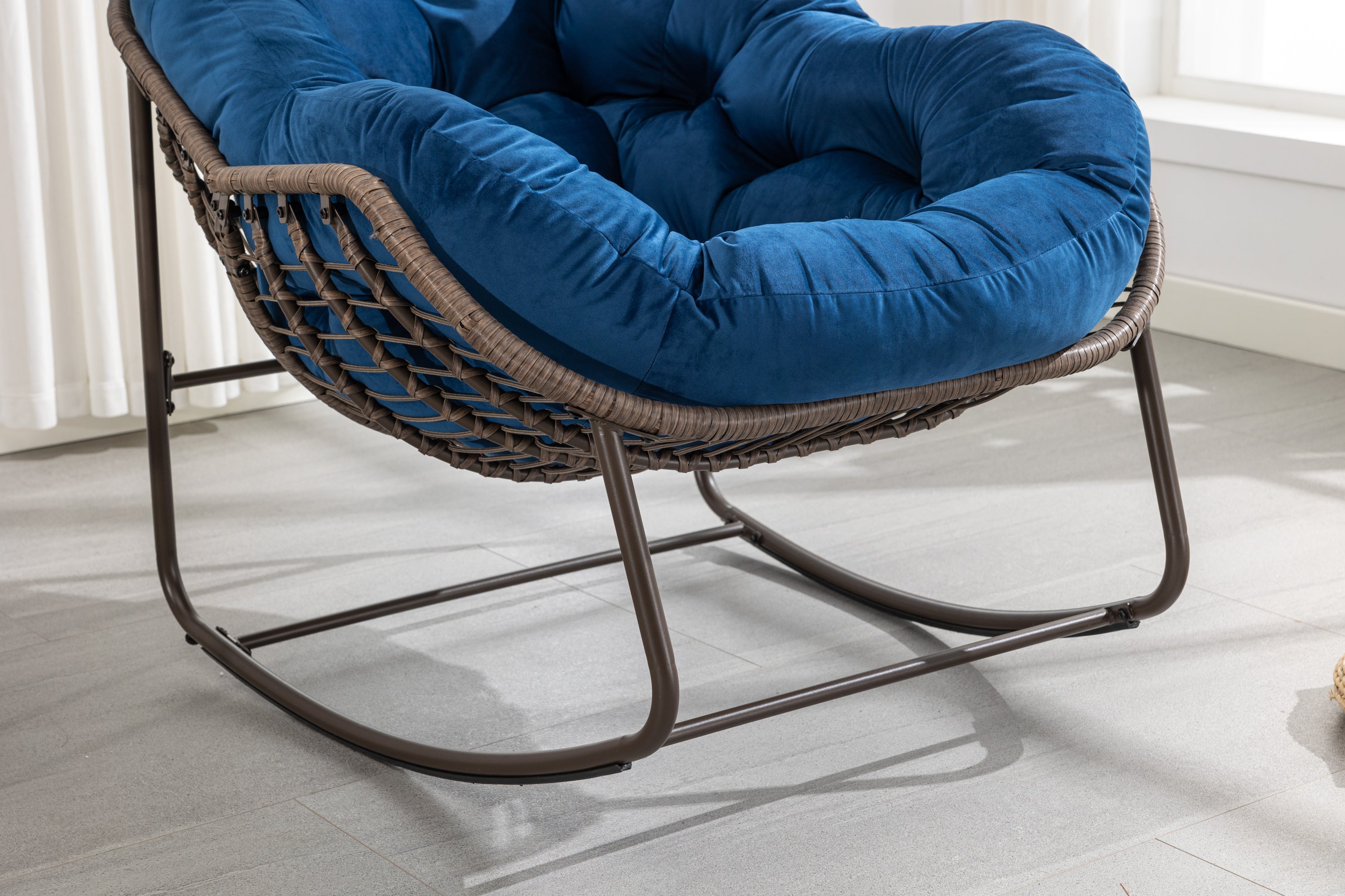 Outdoor Rattan Rocking Chair,Padded Cushion Rocker Recliner Chair Outdoor for Front Porch, Living Room, Patio, Garden, Navy Blue - Grand Goldman Shop