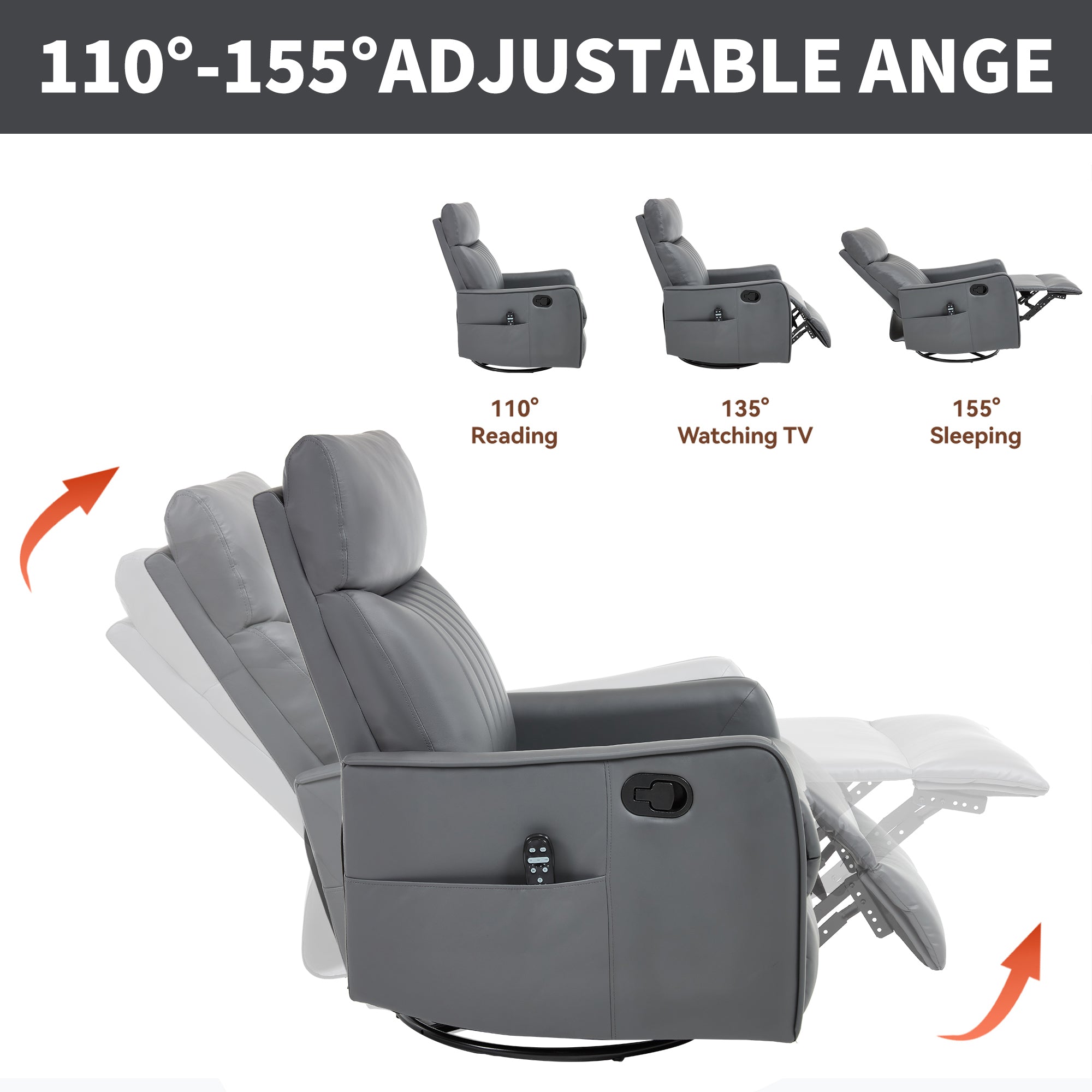 Grey Faux Leather Heat Massage Manual Recliner Chair with Rocker and Swivel for Living Room - Grand Goldman Shop