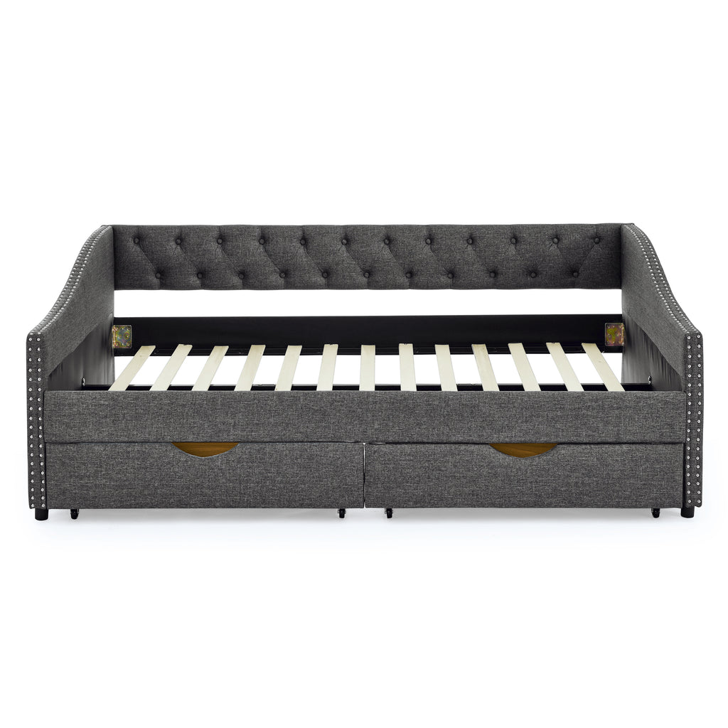 Mid-Century Style Upholstered Daybed with Drawers, Dark Grey Linen Fabric, Button Tufted Back, Copper Nail Trimmed Waved Arms, 80.5''x55.5''x27.5'' - Grand Goldman Shop