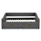 Mid-Century Style Upholstered Daybed with Drawers, Dark Grey Linen Fabric, Button Tufted Back, Copper Nail Trimmed Waved Arms, 80.5''x55.5''x27.5'' - Grand Goldman Shop