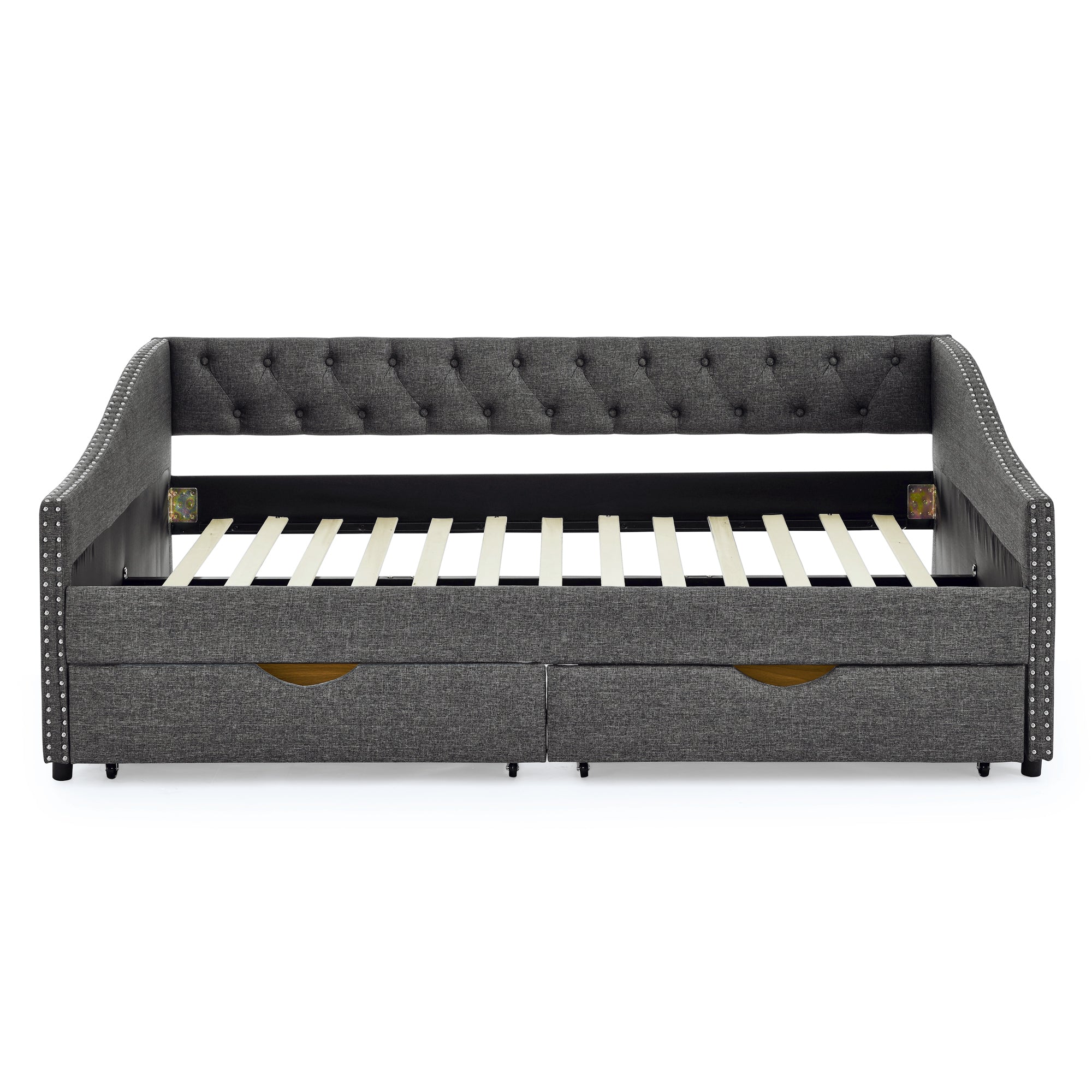 Mid-Century Style Upholstered Daybed with Drawers, Dark Grey Linen Fabric, Button Tufted Back, Copper Nail Trimmed Waved Arms, 80.5''x55.5''x27.5'' - Grand Goldman Shop