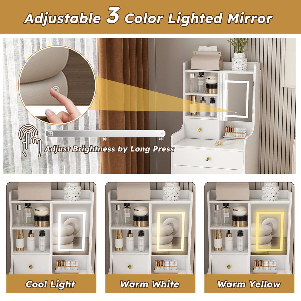 3-in-1 Dressing Table with LED Mirror & Storage Stool, Compact Makeup Vanity, White MDF, 50.39x19.69x15.75 inches - Grand Goldman Shop